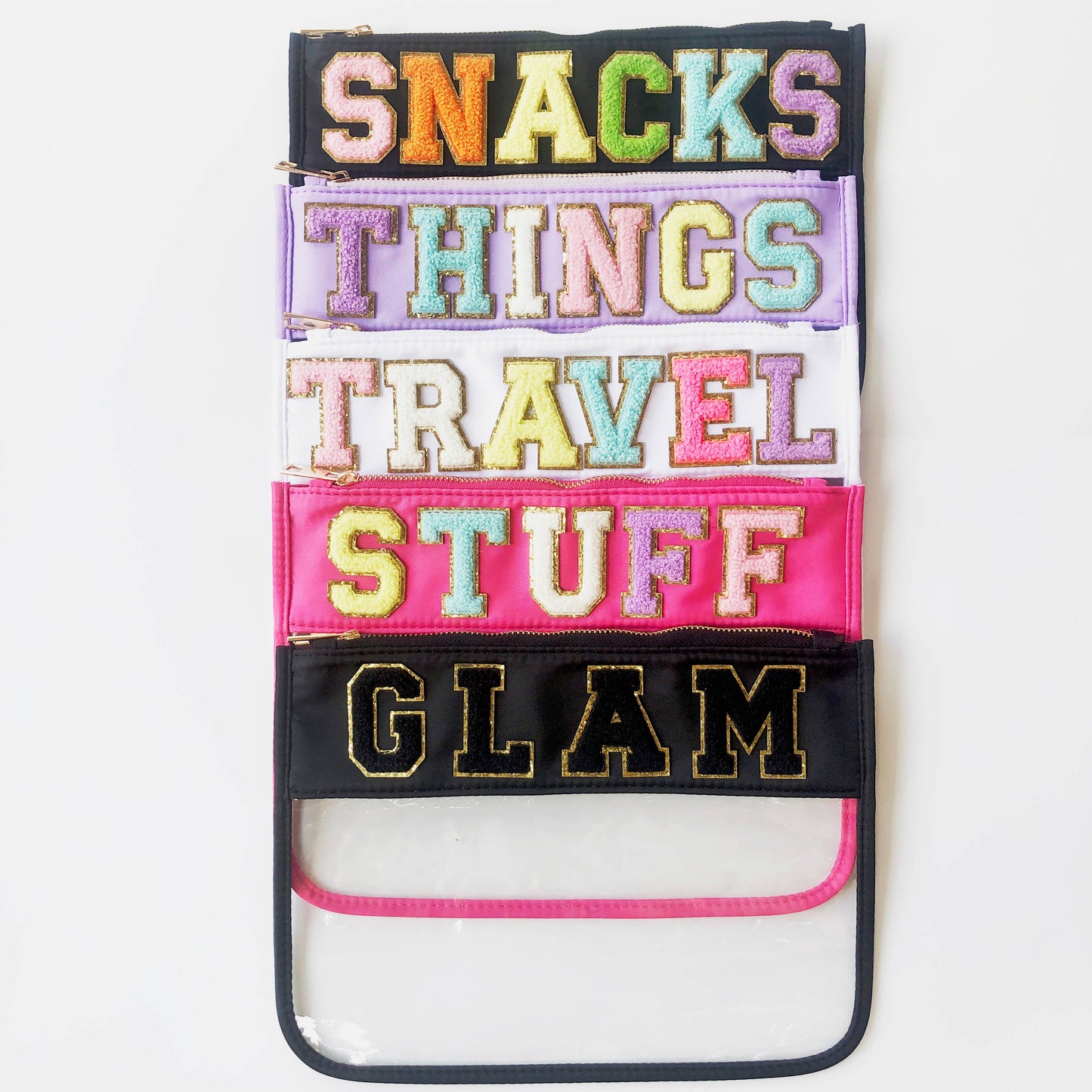 Varsity Letter Patch Clear Zippered Pouch Bag: Pink with STUFF