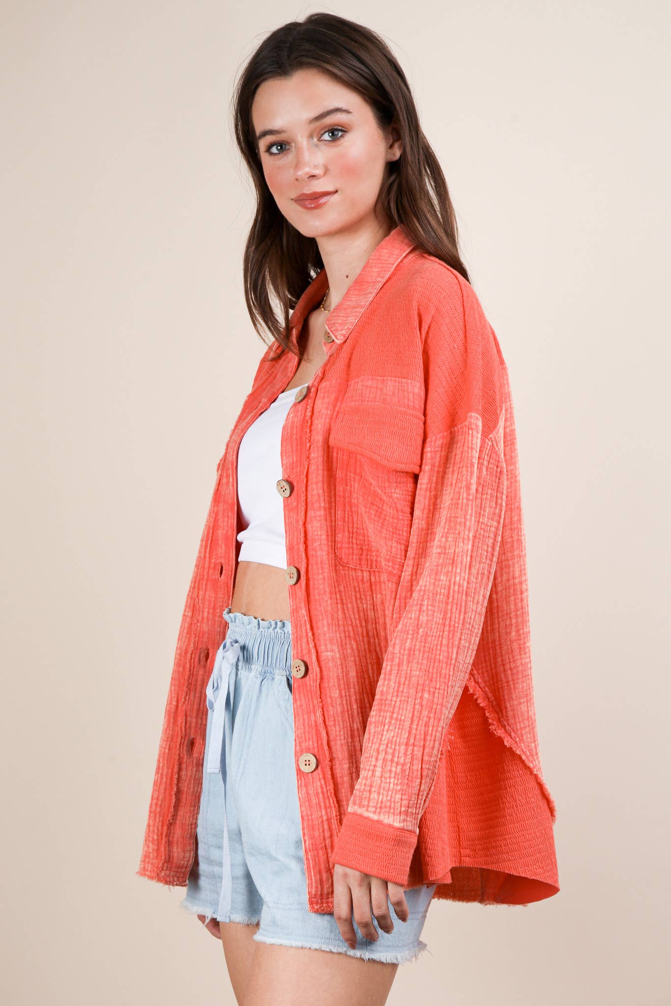 NJ90360-Mineral Washed Oversized Gauze Shacket Jacket: TAUPE / S-M-L/2-2-2