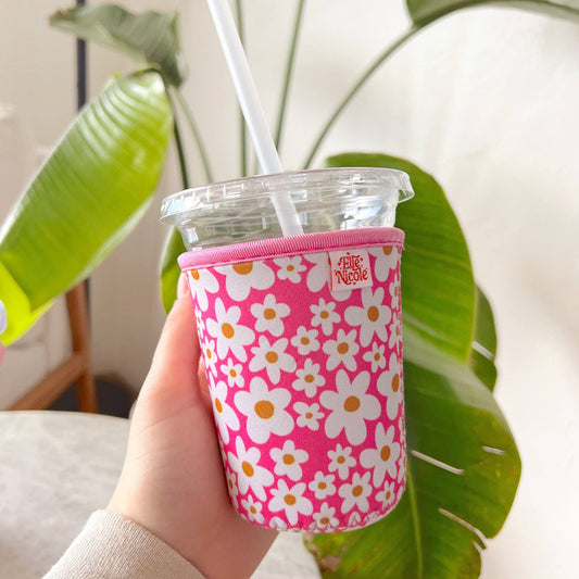 Coffee Cup Cover - Pink Daisy - Iced Drink Sleeve: Large / 24oz