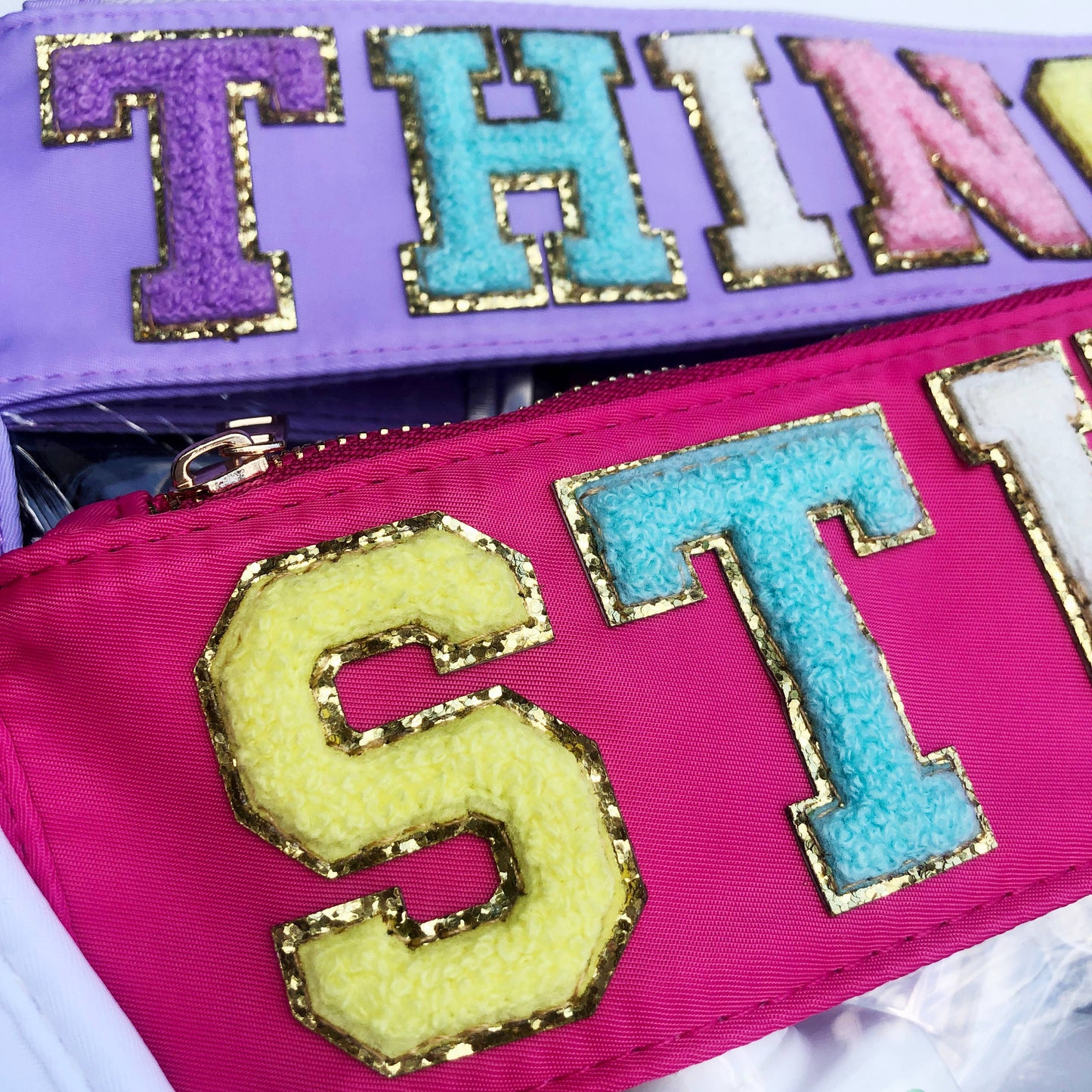 Varsity Letter Patch Clear Zippered Pouch Bag: Pink with STUFF