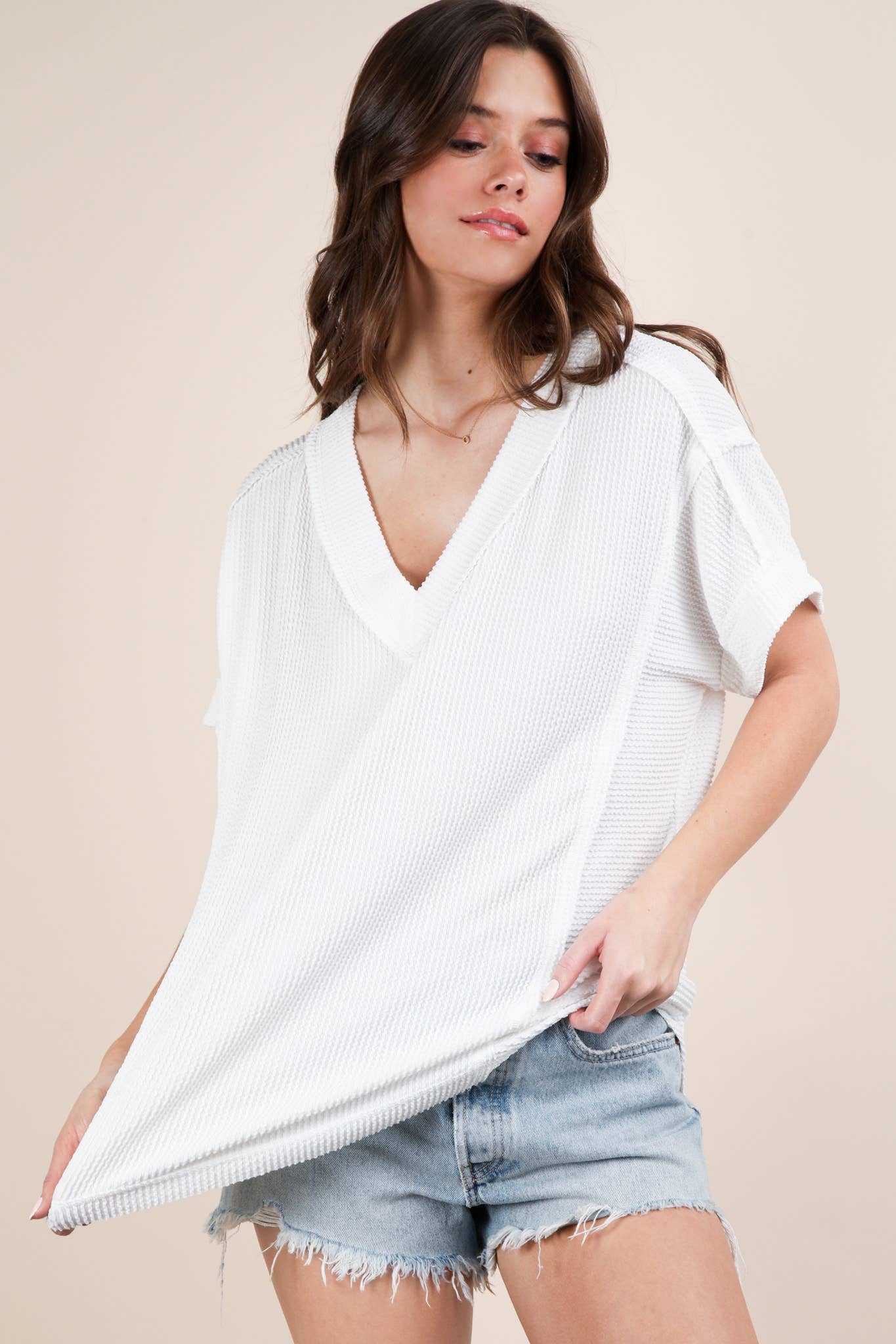 NT12075-Soft Two Tone Casual Comfy Ribbed Knit Top: PINK / S-M-L/2-2-2