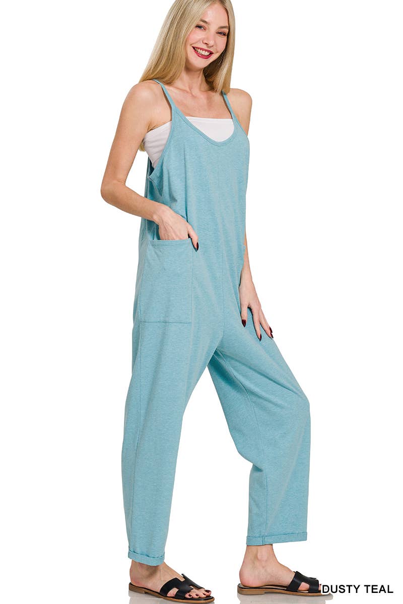 `.Spaghetti Strap Pocketed Jumpsuit: BROWN-181983 / L/XL