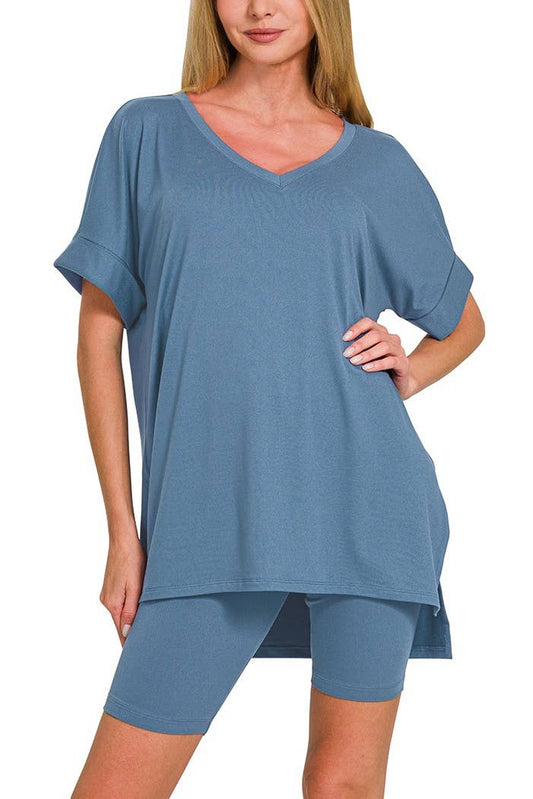 Brushed Dty Microfiber V-neck Top And Biker Shorts: DUSTY BLUE / 1-1-1-1 (S-M-L-XL)