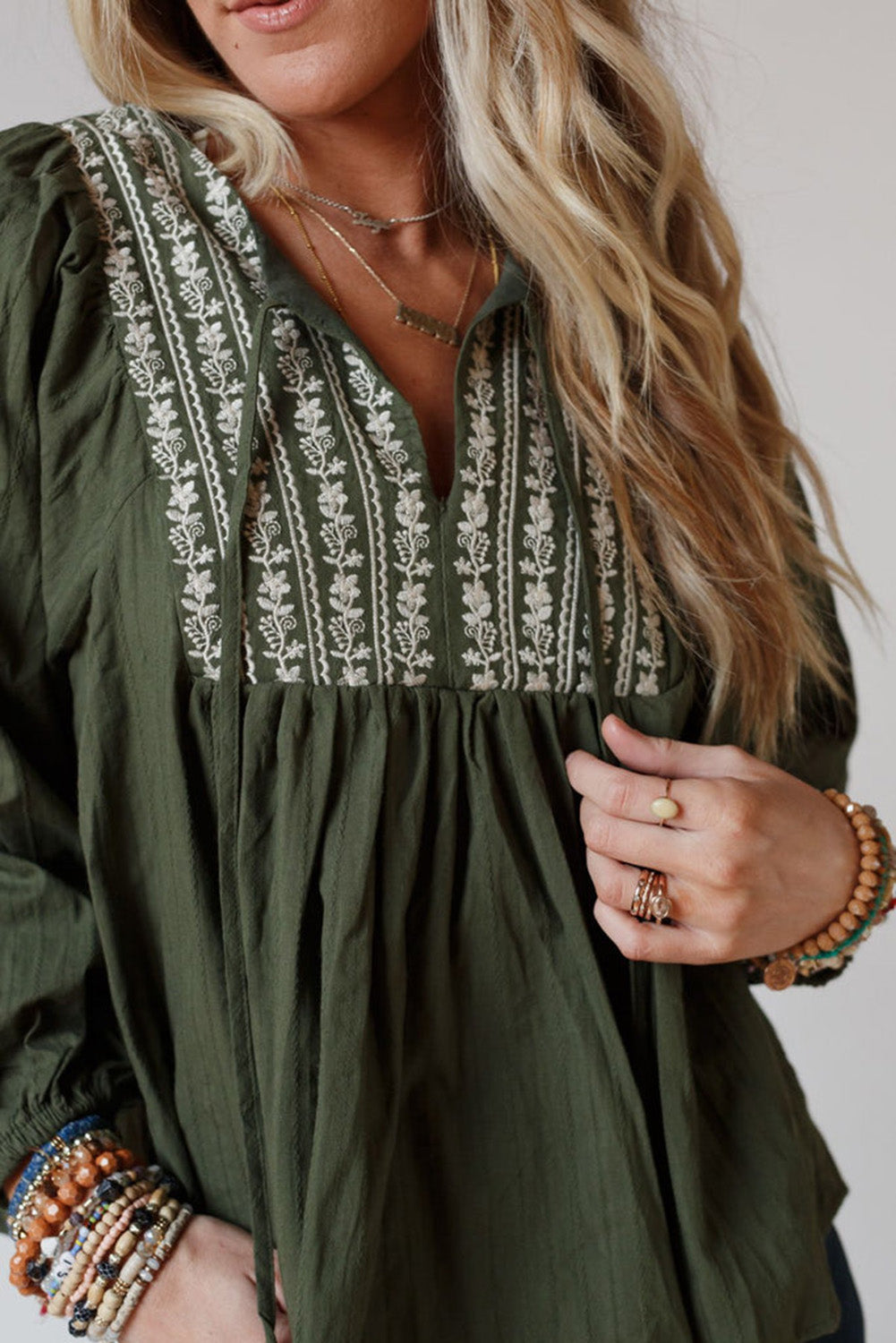 Wholesale Green Embroidered Split Neck Pleated Loose Blouse