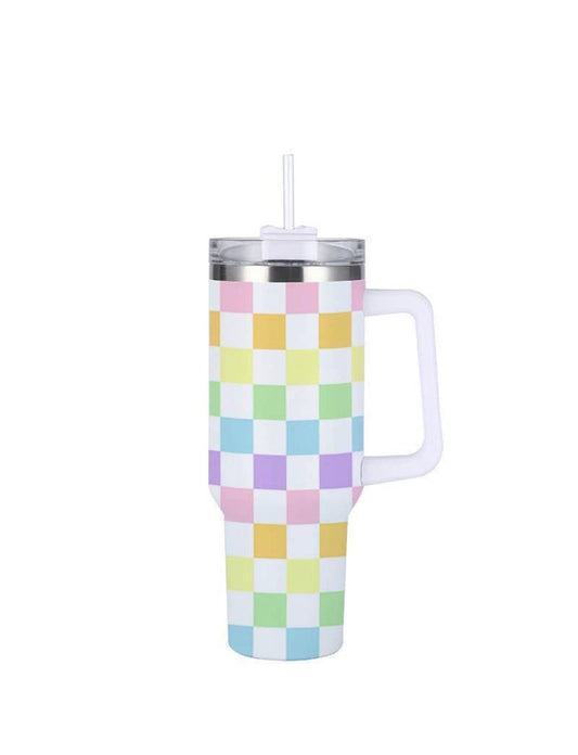 Tumbler - 40 Ounce Stainless Steel with Straw - Pastel Check