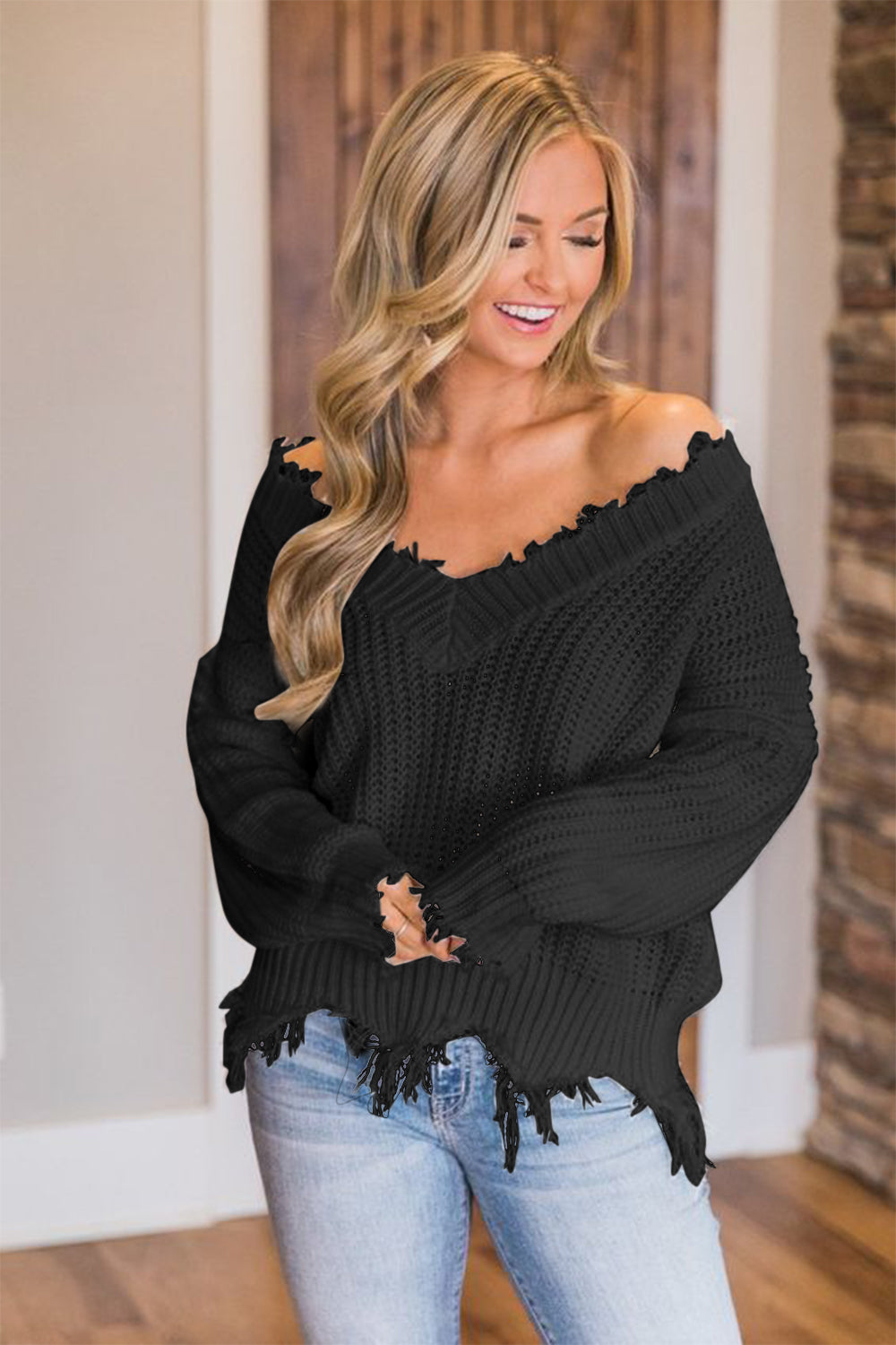 Frayed Hem Dropped Shoulder Sweater