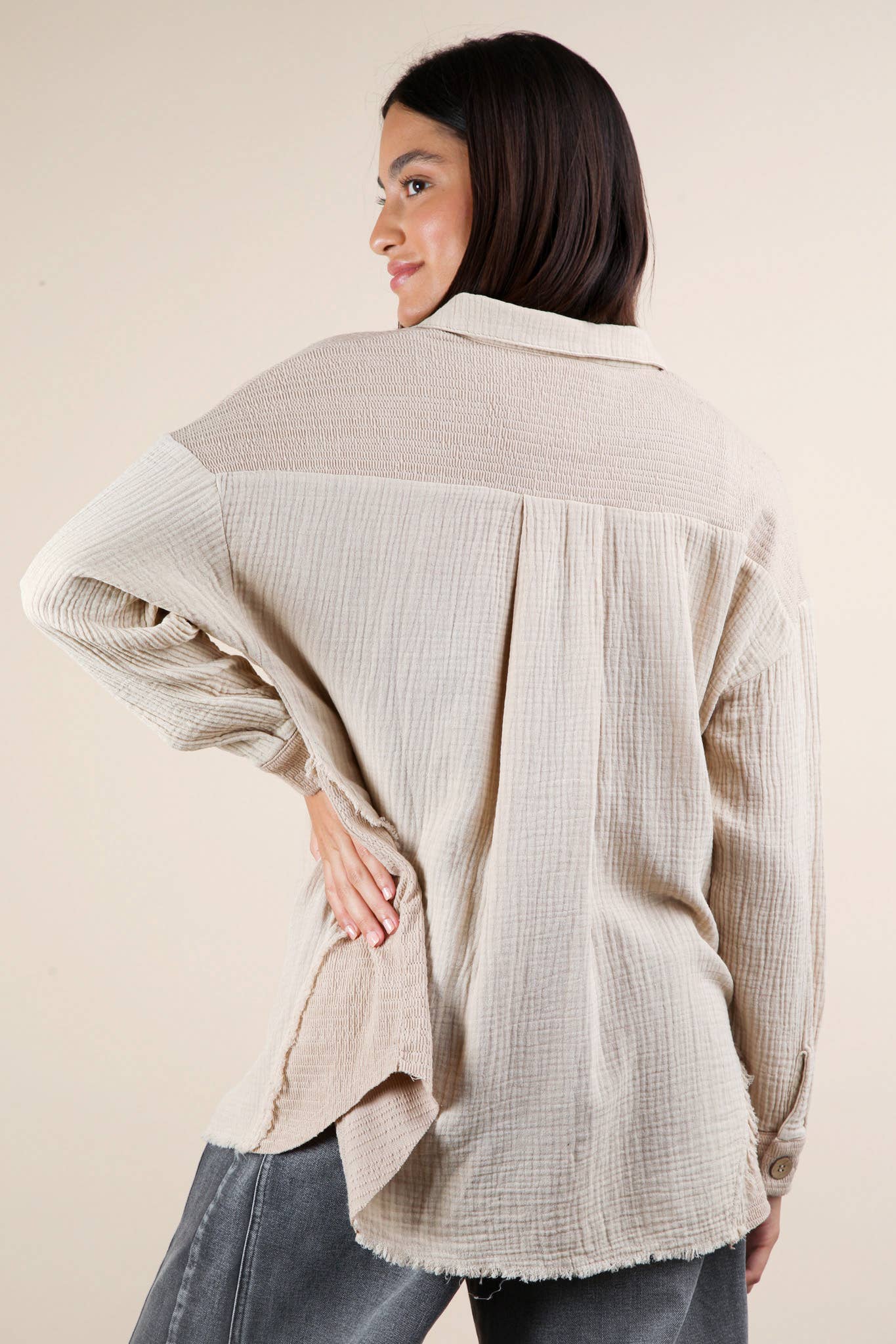 NJ90360-Mineral Washed Oversized Gauze Shacket Jacket: DENIM / S-M-L/2-2-2