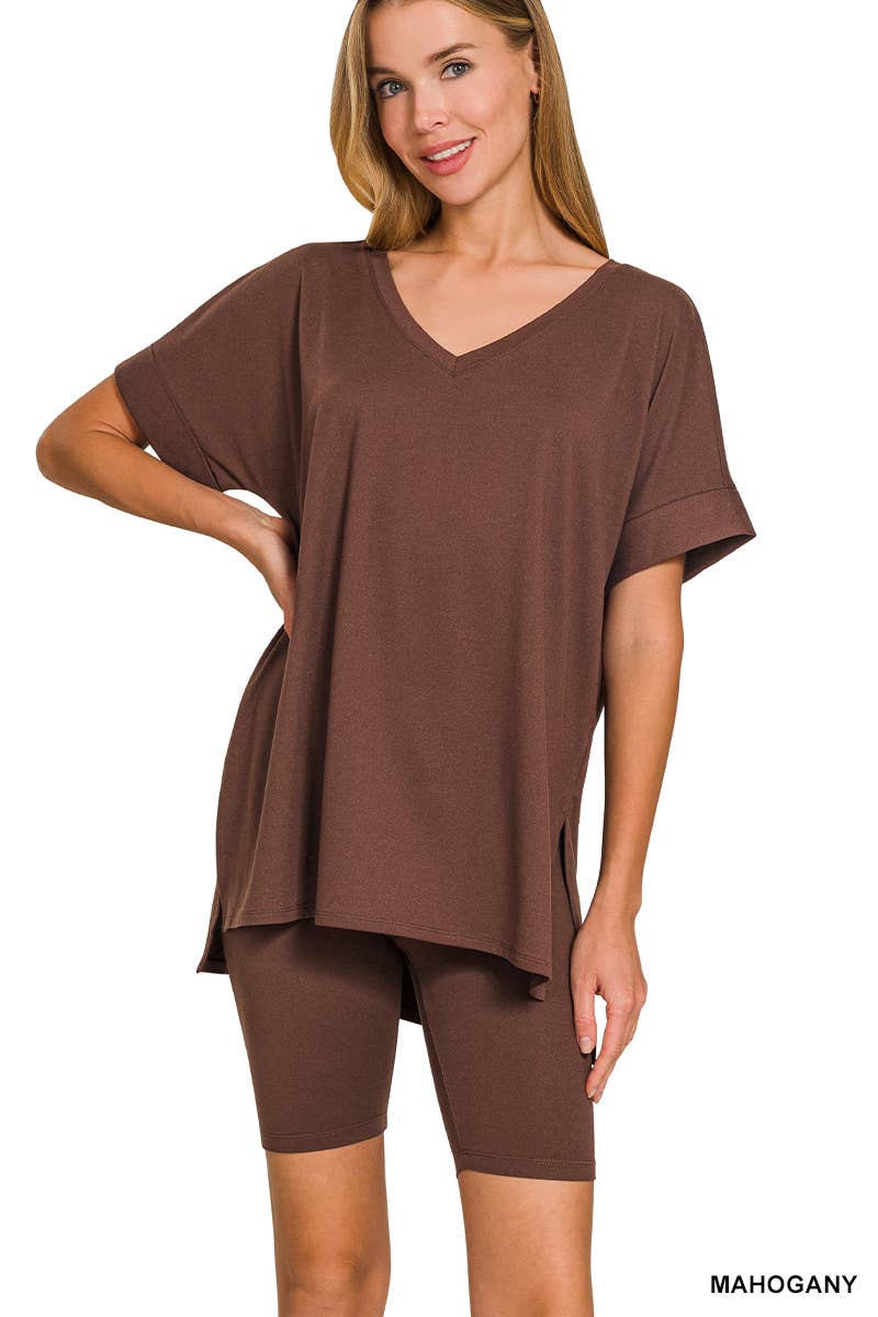 Brushed Dty Microfiber V-neck Top And Biker Shorts: DUSTY BLUE / 1-1-1-1 (S-M-L-XL)