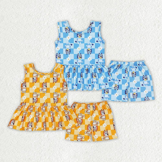 Sibling Baby Girls Dogs Flowers Tunic Top Shorts Clothes Sets: Yellow / 4T