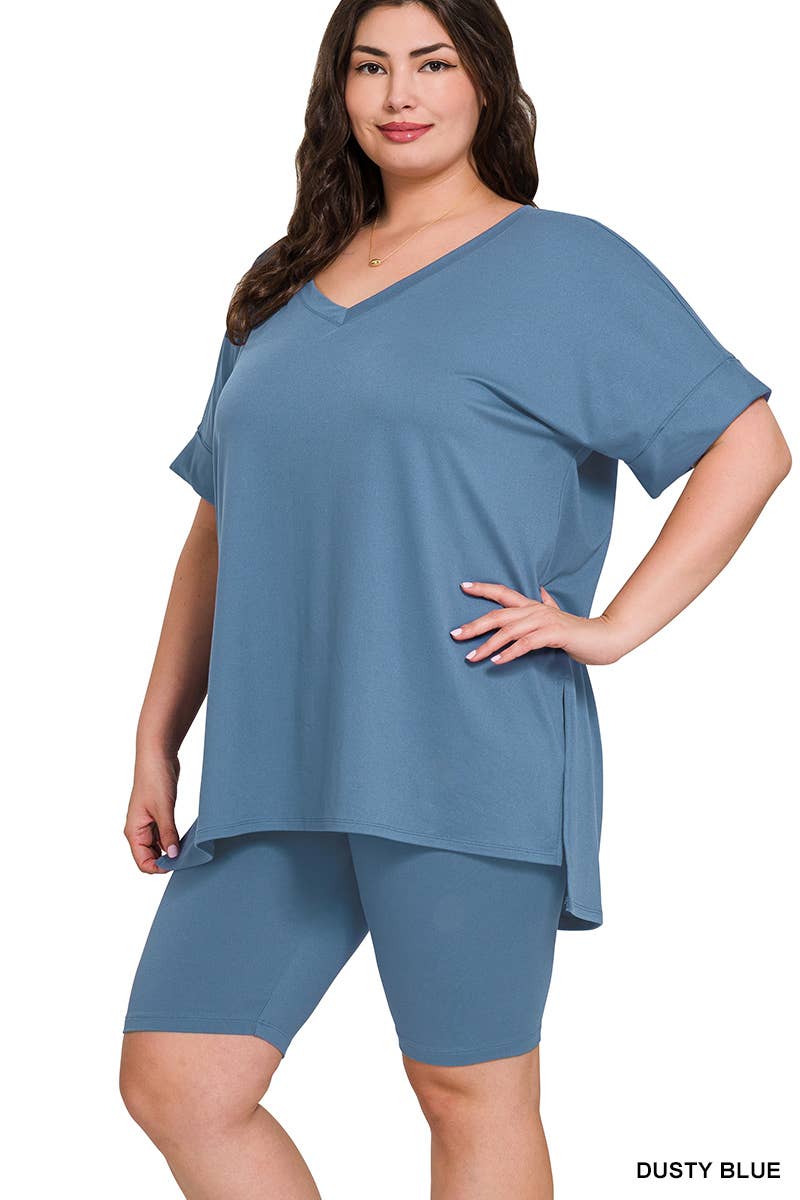 SI-19985 Plus size Hi Low Hem Top & Biker Shorts 2pc Set: +ASHGREY-139919 / 3X