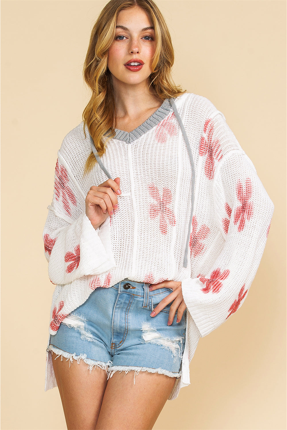 Wholesale White 60s Floral Print Oversized Knit Hooded Sweater