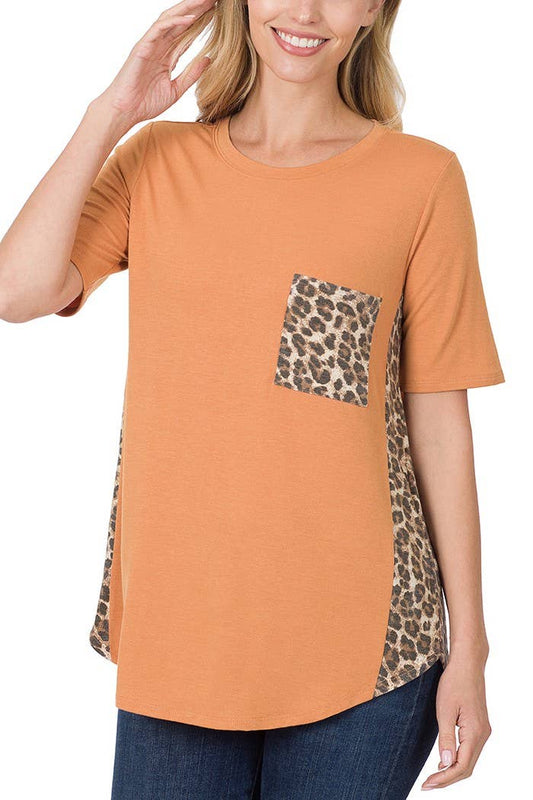 Contrast Side Panel Leopard Front Pocket Top: DEEP CAMEL/BROWN / 1-1-2-2 (S-M-L-XL)