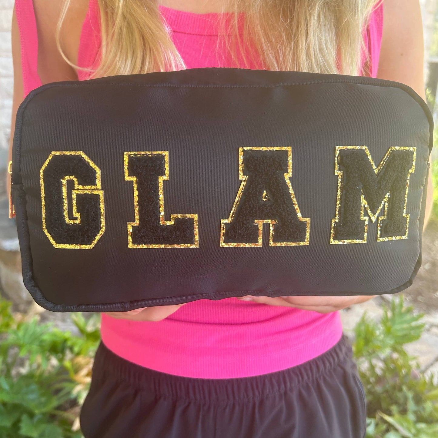Cosmetic or Toiletry Bag with Varsity Letter Patches: Light Blue with SKIN