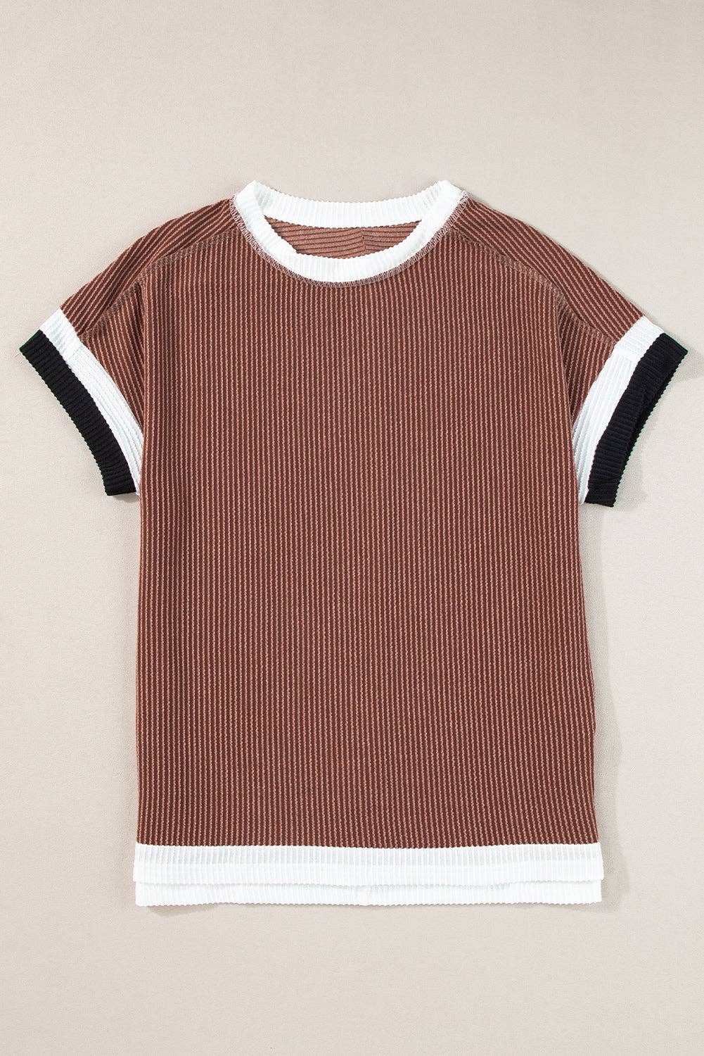 Textured Contrast Trim Round Neck T Shirt: Bright Pink / 75%Polyester+20%Viscose+5%Elastane / XL