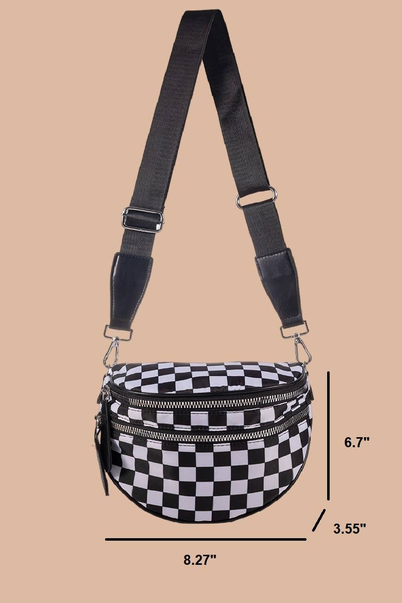 Double Zip Crescent Sling Bum Bag: BEIGE CHECKERED / 1 (ONE SIZE)