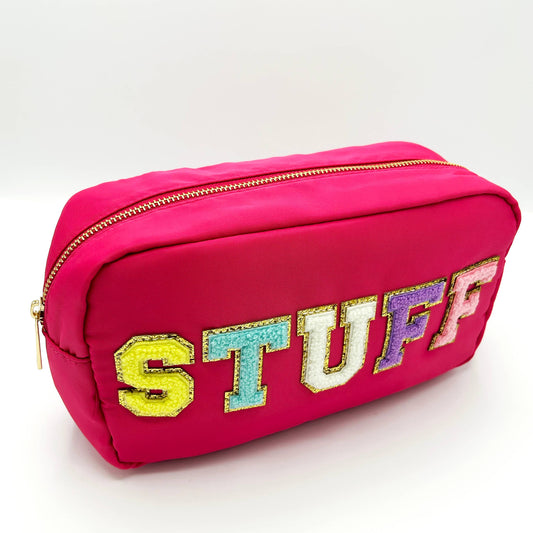 Cosmetic or Toiletry Bag with Varsity Letter Patches: Dark Pink with STUFF