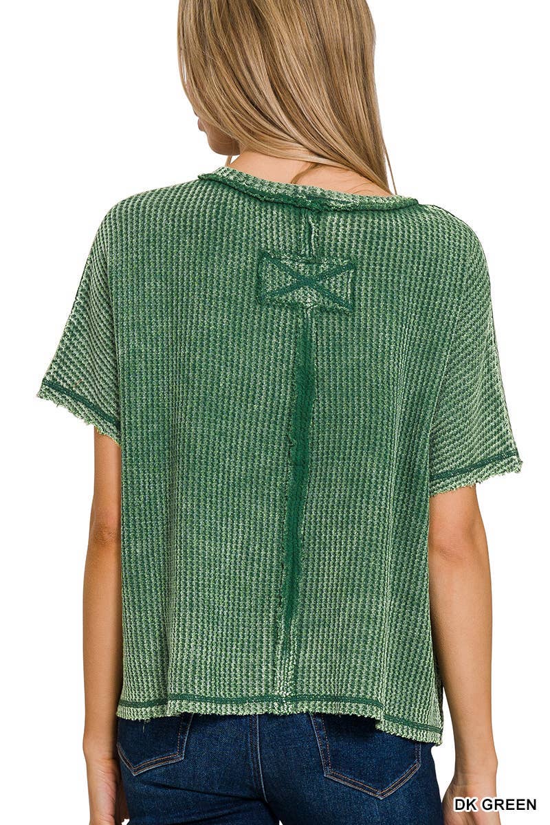Washed Baby Waffle Short Sleeve Top: DK GREEN / 3-3 (S/M-L/XL)