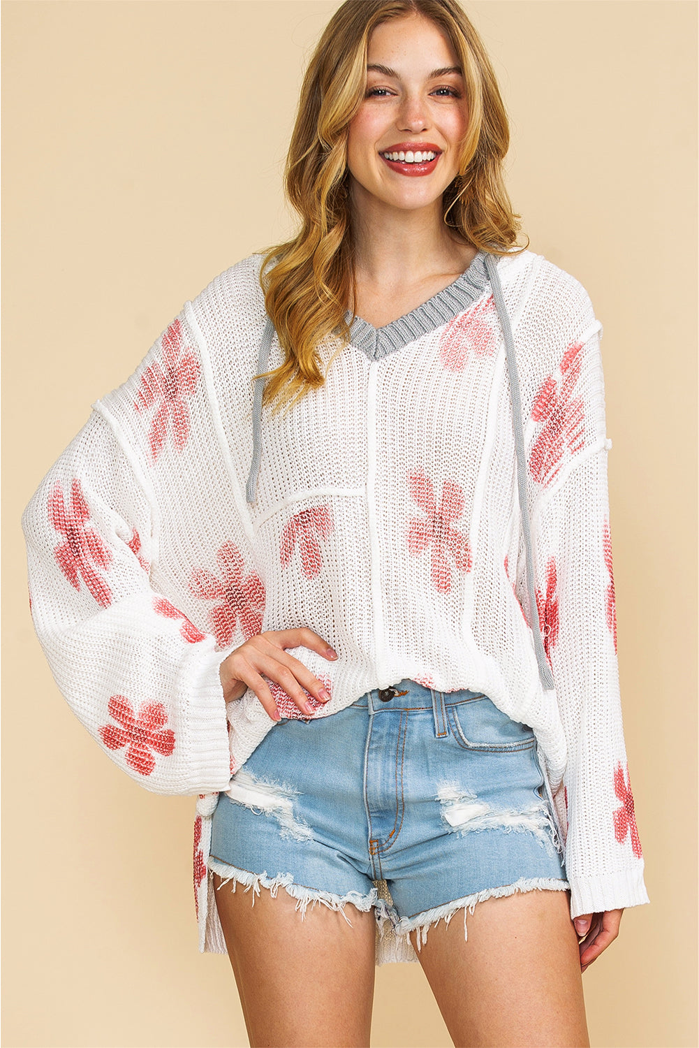 Wholesale White 60s Floral Print Oversized Knit Hooded Sweater