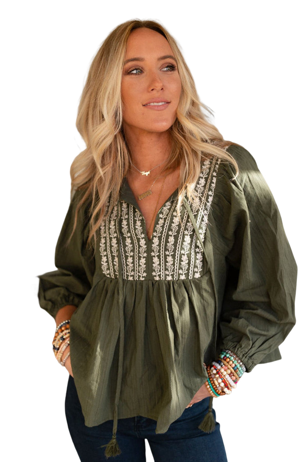 Wholesale Green Embroidered Split Neck Pleated Loose Blouse