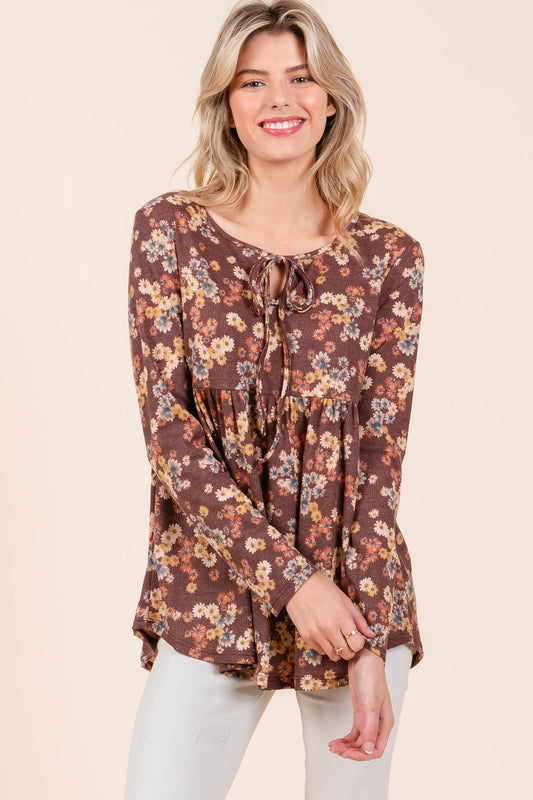 TL1971 BOHO LONG SLEEVE THERMAL TUNIC: Chocolate / Floral / S