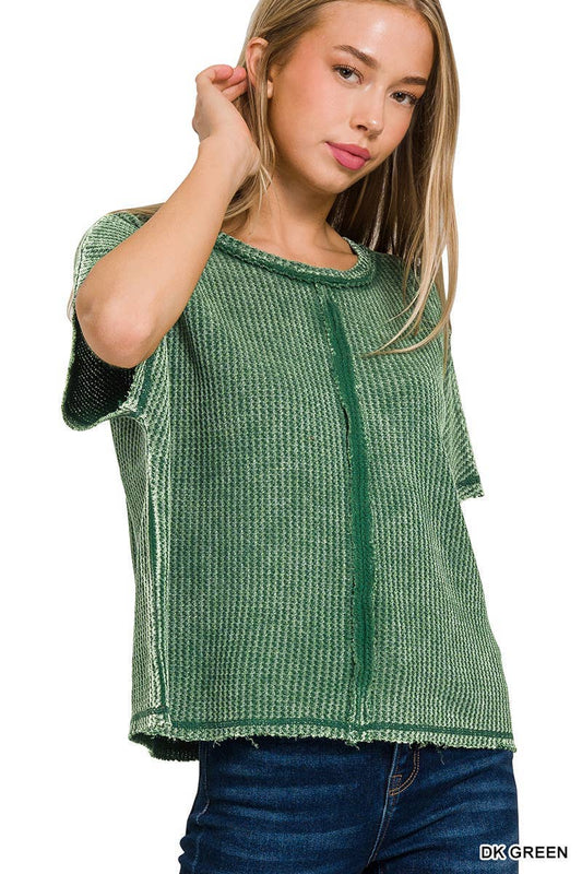 Washed Baby Waffle Short Sleeve Top: DK GREEN / 3-3 (S/M-L/XL)