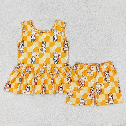 Sibling Baby Girls Dogs Flowers Tunic Top Shorts Clothes Sets: Yellow / 4T