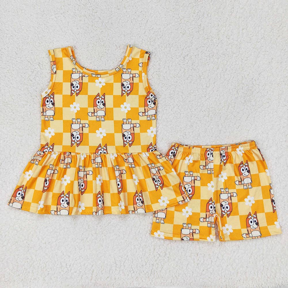 Sibling Baby Girls Dogs Flowers Tunic Top Shorts Clothes Sets: Blue / 14-16T