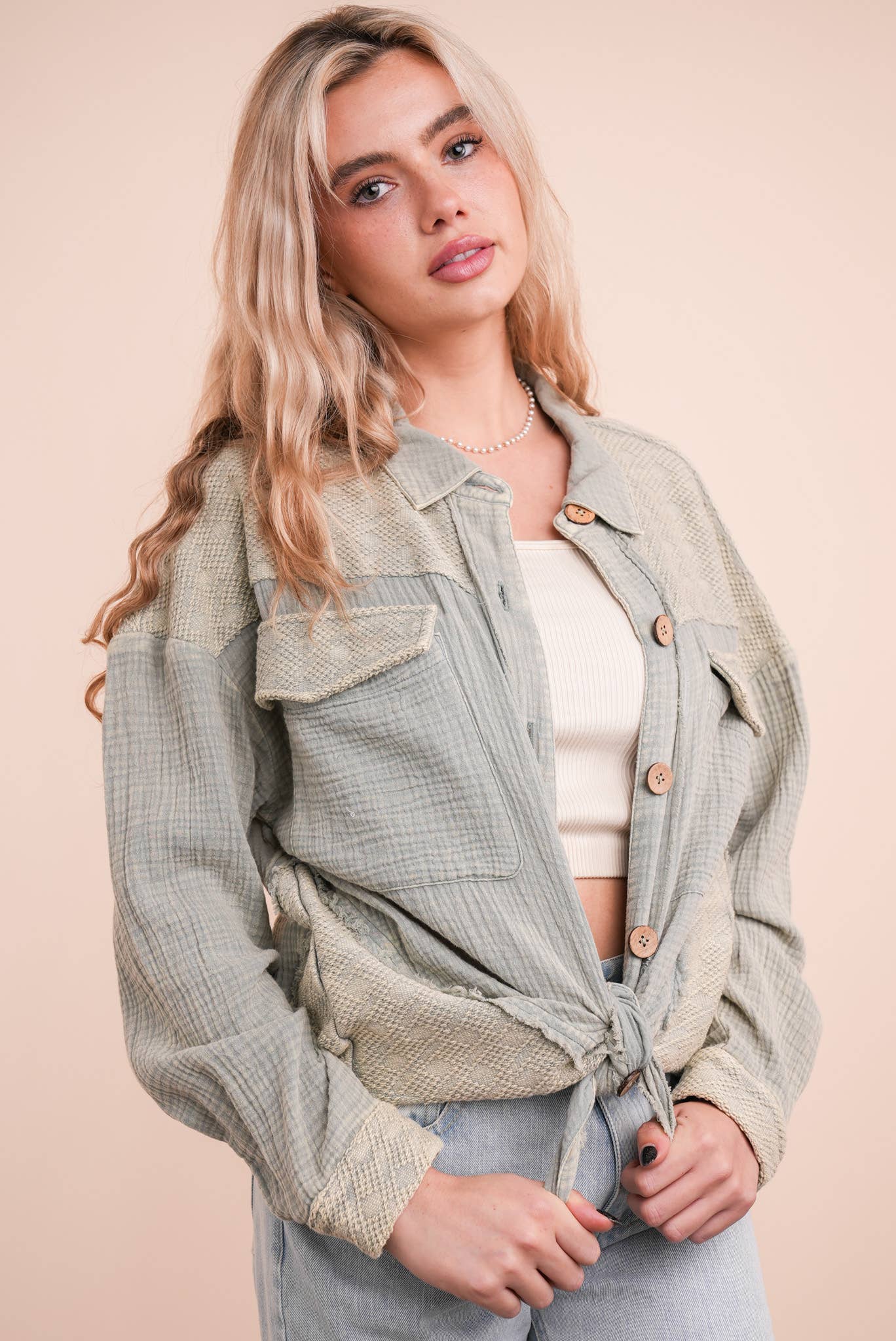 NJ90360-Mineral Washed Oversized Gauze Shacket Jacket: TAUPE / S-M-L/2-2-2
