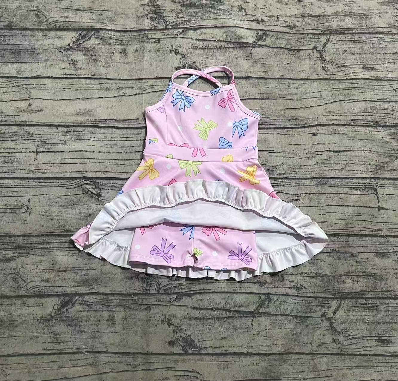 Baby Girls Pink Strap Colorful Bows Polka Dots Yoga Ruffle Knee Length Dresses: 4T