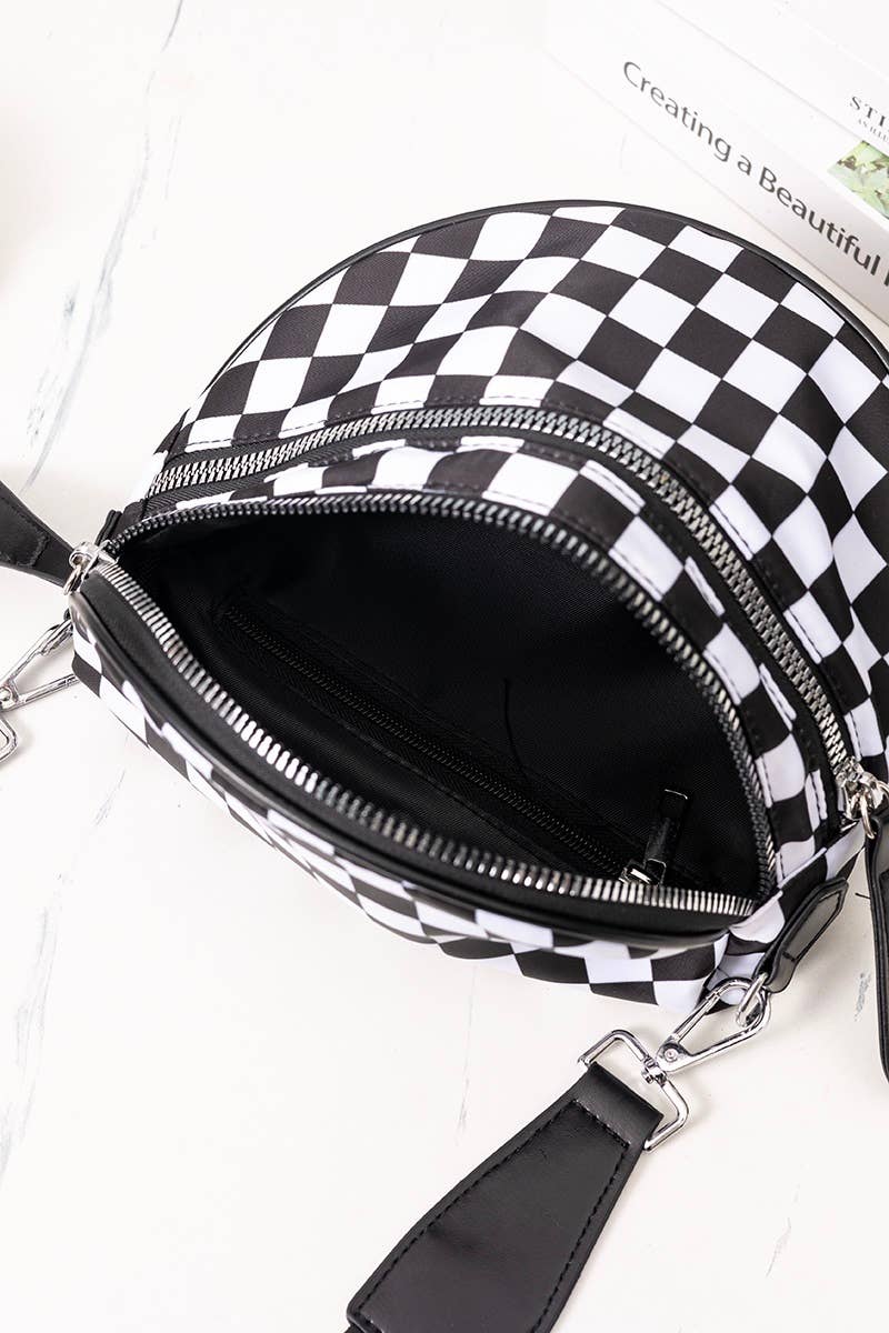 Double Zip Crescent Sling Bum Bag: BEIGE CHECKERED / 1 (ONE SIZE)