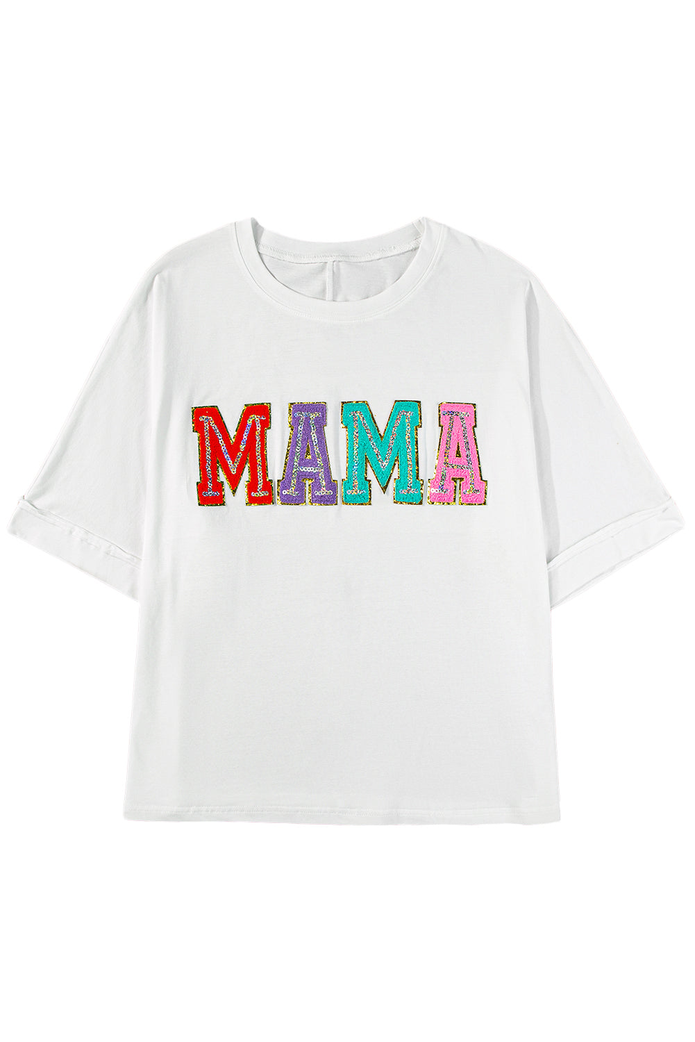 White MAMA Chenille Patched Crew Neck T Shirt