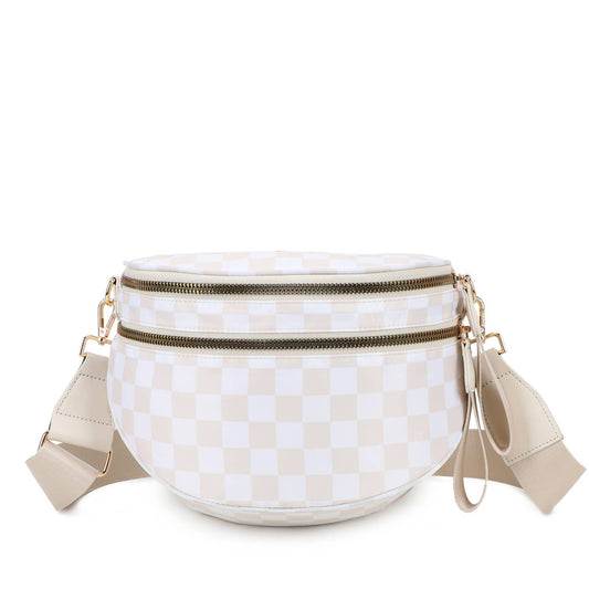 Paulina Nylon Waterproof Multi-Compartment 10" Crossbody Bag: Ivory Checker