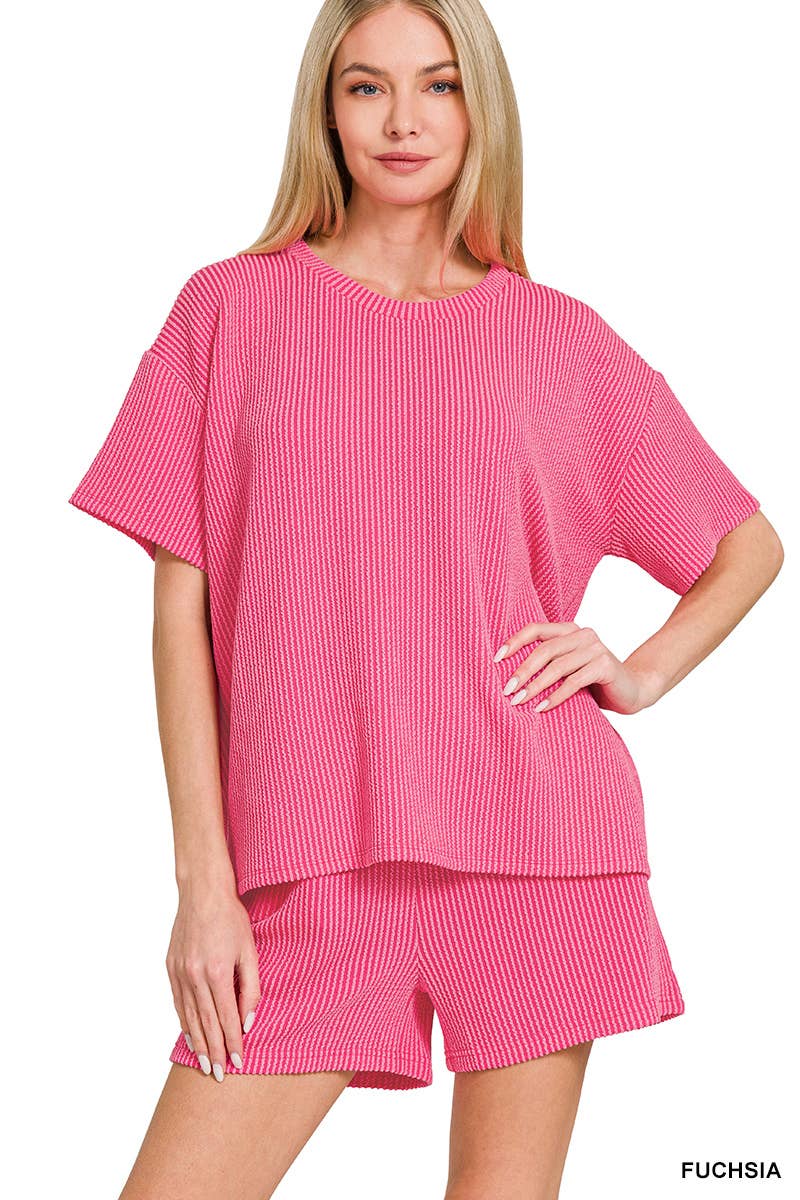 `.Corded Rib Short Sleeve Tee & Short Pants 2PC Set: DUSTY BLUE-183672 / XL