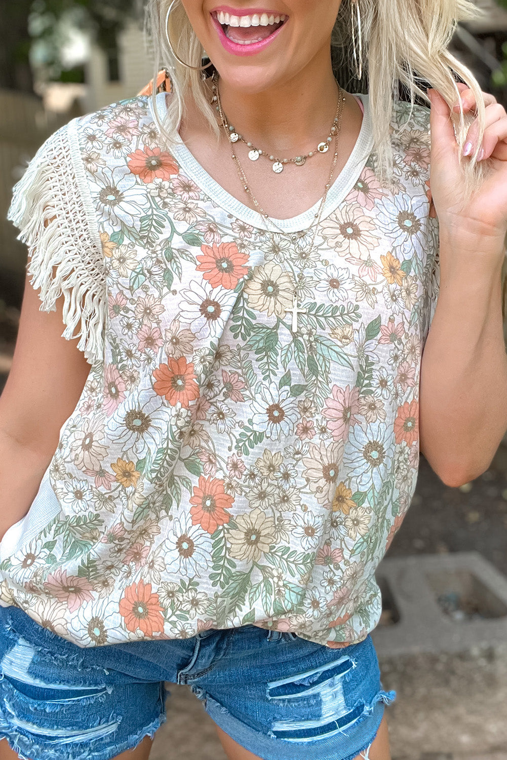 White Boho Floral Print Fringe Shoulder Sleeveless Shirt