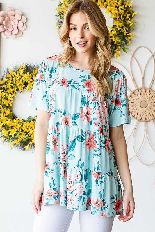 ET7279-10  FLORAL TIERED TOP: MINT / 2-2-2 (1X-2X-3X)