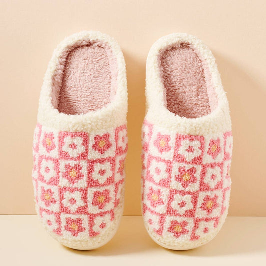 Flower Checker Fuzzy Fleece Soft Slipper: KHAKI / ONE(6)
