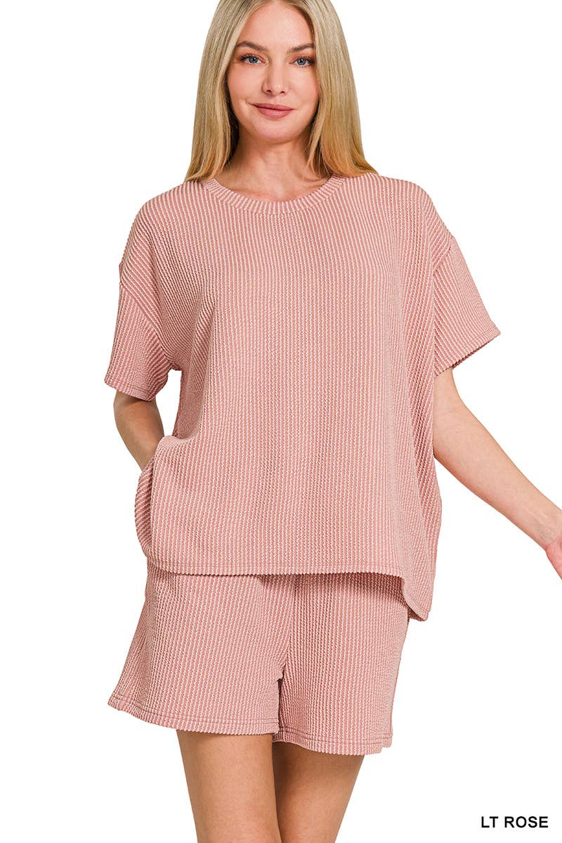 `.Corded Rib Short Sleeve Tee & Short Pants 2PC Set: DUSTY BLUE-183672 / M