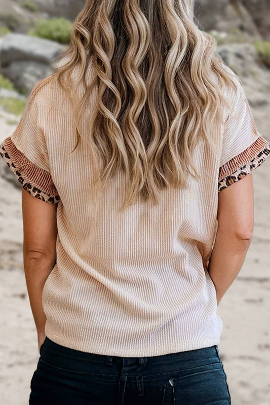Leopard Patchwork Corded Knit T Shirt  | S-XL: As shown / Missy / L