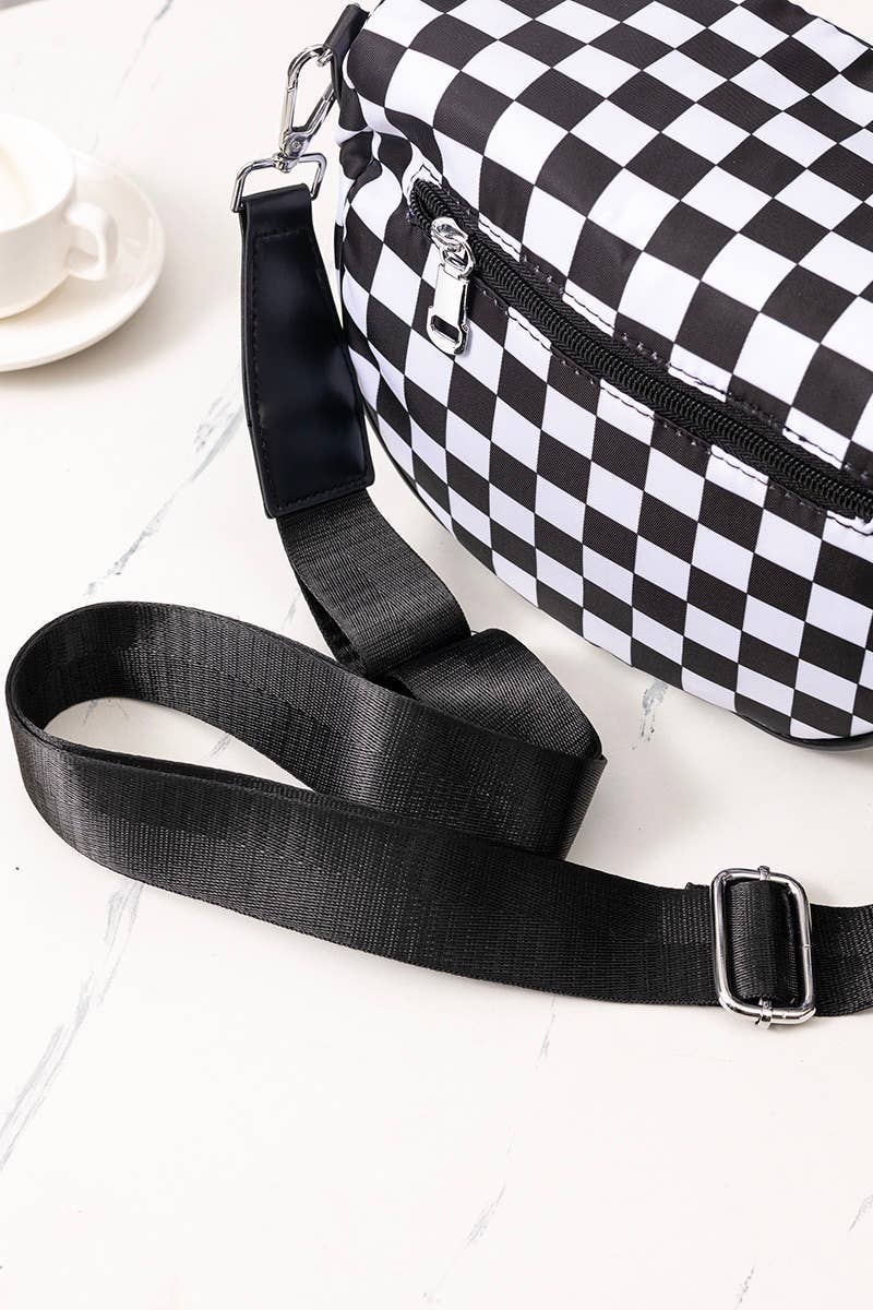 Double Zip Crescent Sling Bum Bag: BEIGE CHECKERED / 1 (ONE SIZE)