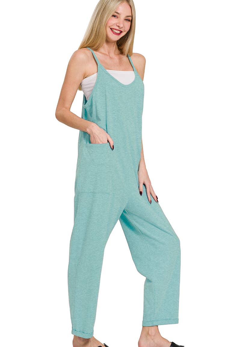 `.Spaghetti Strap Pocketed Jumpsuit: DK OLIVE-171541 / L/XL