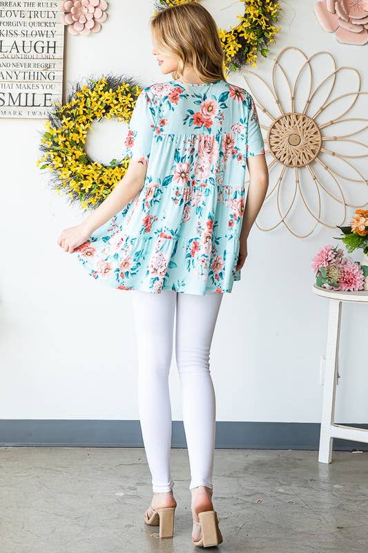 ET7279-10  FLORAL TIERED TOP: MINT / 2-2-2 (1X-2X-3X)
