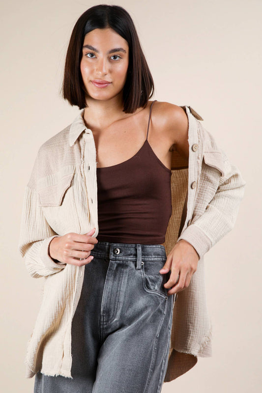 NJ90360-Mineral Washed Oversized Gauze Shacket Jacket: TAUPE / S-M-L/2-2-2