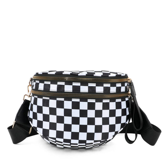 Paulina Nylon Waterproof Multi-Compartment 10" Crossbody Bag: Black White Checker