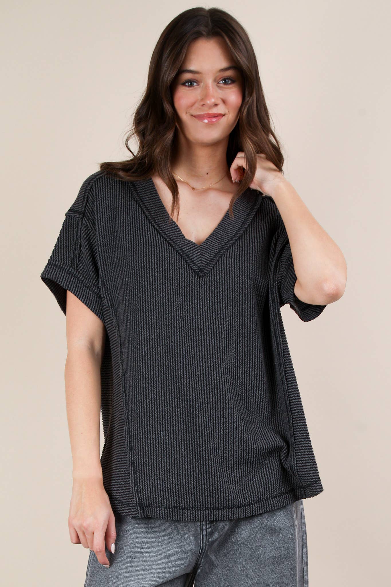NT12075X-PLUS SIZE Soft Two Tone Casual Comfy Ribbed Knit To: PINK / 1XL-2XL-3XL/3-2-1