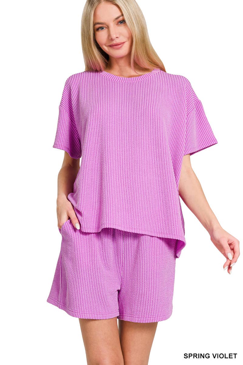 `.Corded Rib Short Sleeve Tee & Short Pants 2PC Set: DUSTY BLUE-183672 / S